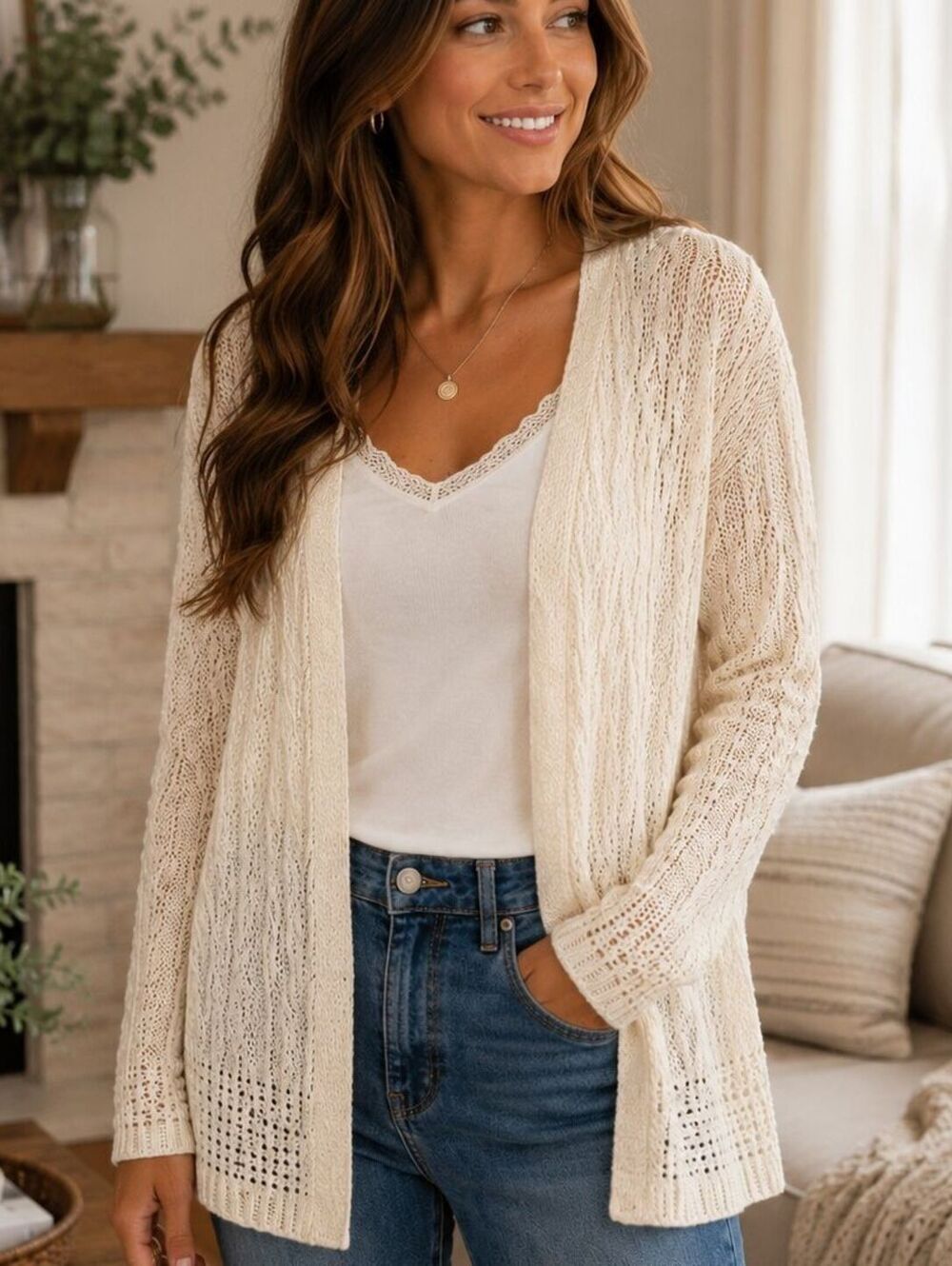 Cloud Chaser Medium $65 Cream Open Knit Crochet Boho Romantic Cottage Cardigan